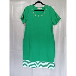 Quacker Factory Short Sleeve Striped Hem Knit Shirt Dress w/ Grommets LG Green